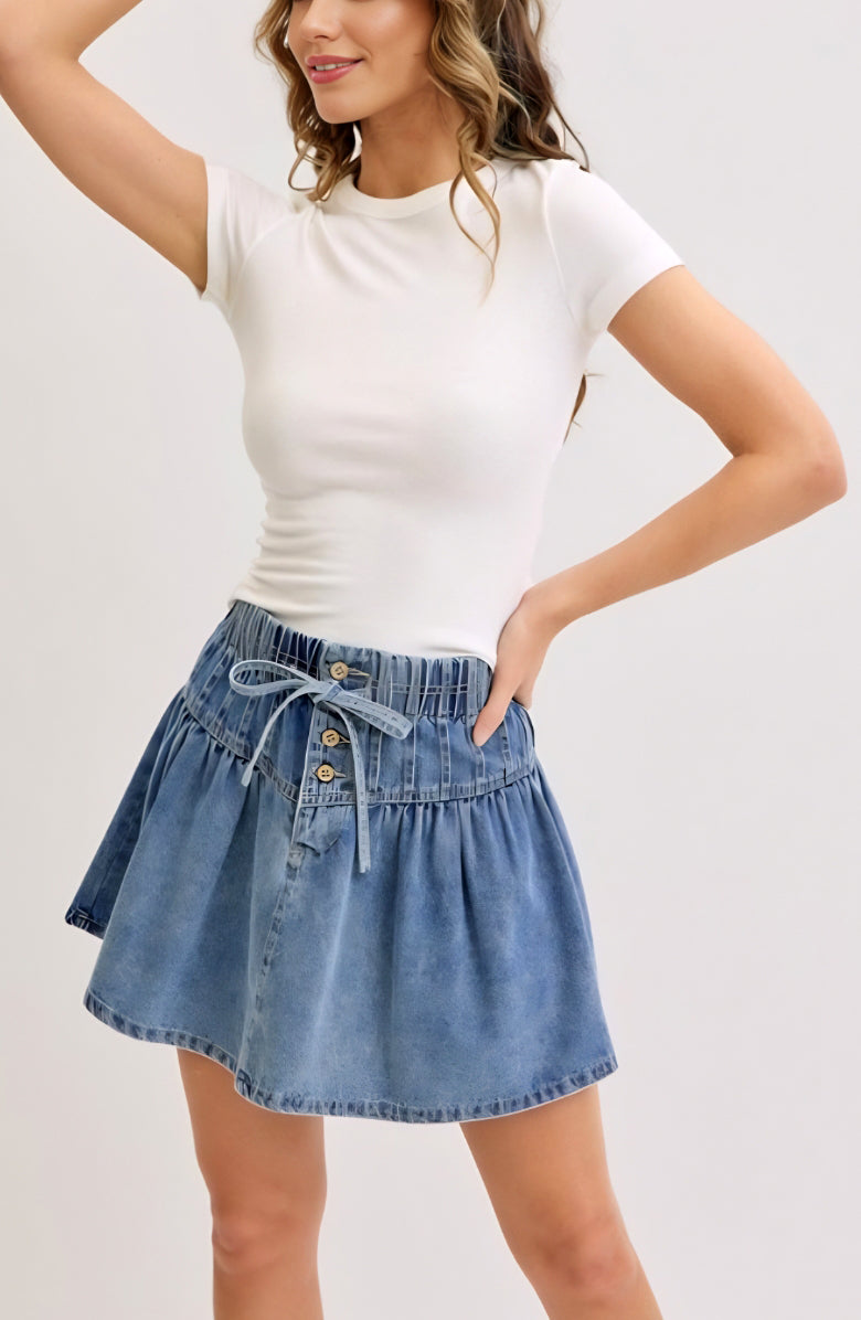 High Waist Pleated Denim Mini Skirt with Button Front Drawstring Detail