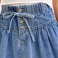 High Waist Pleated Denim Mini Skirt with Button Front Drawstring Detail