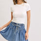High Waist Pleated Denim Mini Skirt with Button Front Drawstring Detail