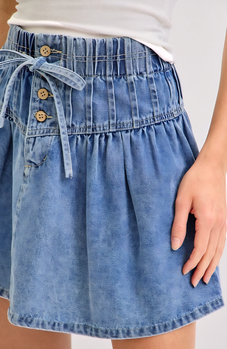 High Waist Pleated Denim Mini Skirt with Button Front Drawstring Detail
