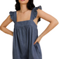 Ruffle Strap Denim Romper with Relaxed A-Line Silhouette