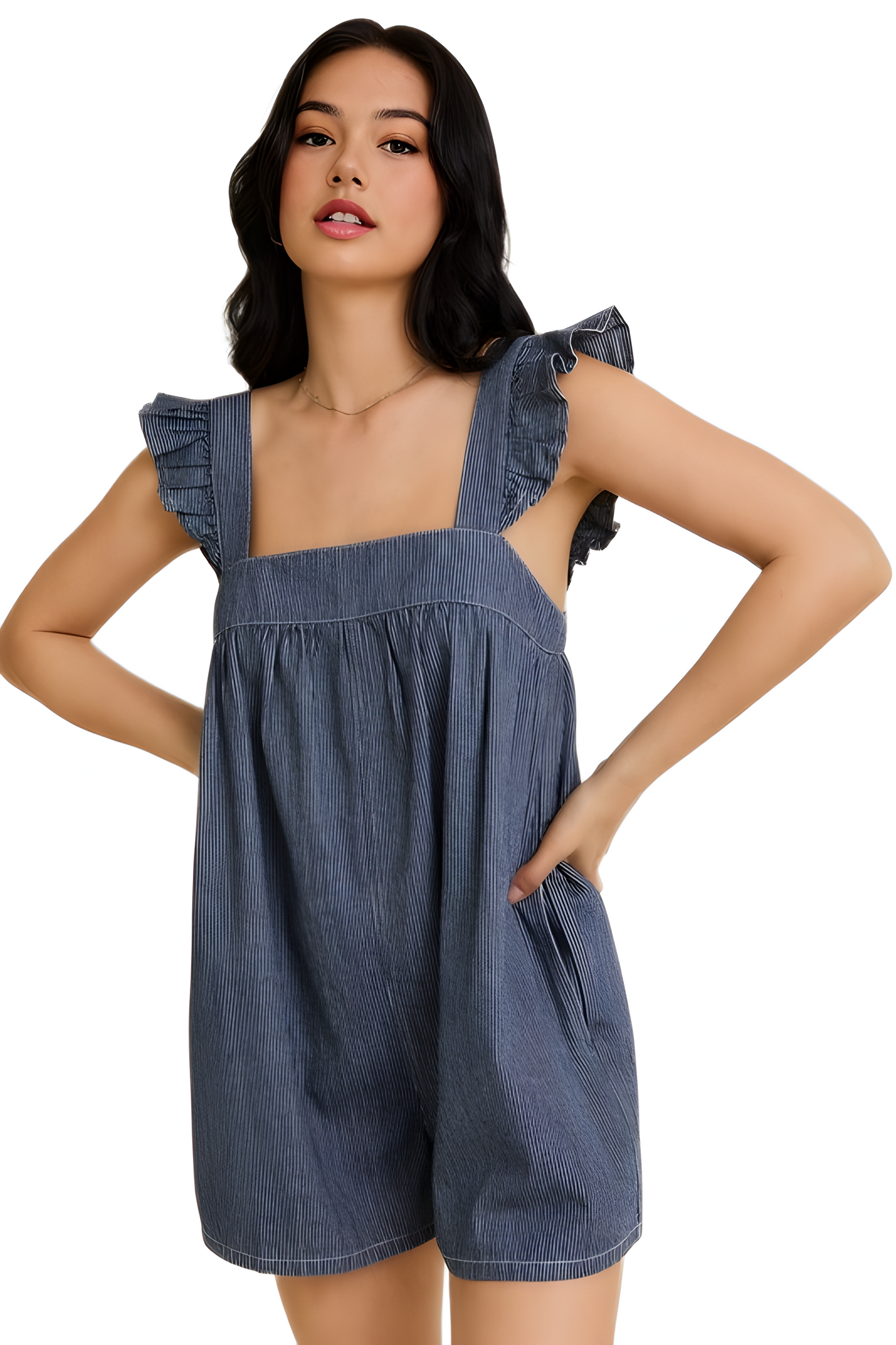 Ruffle Strap Denim Romper with Relaxed A-Line Silhouette