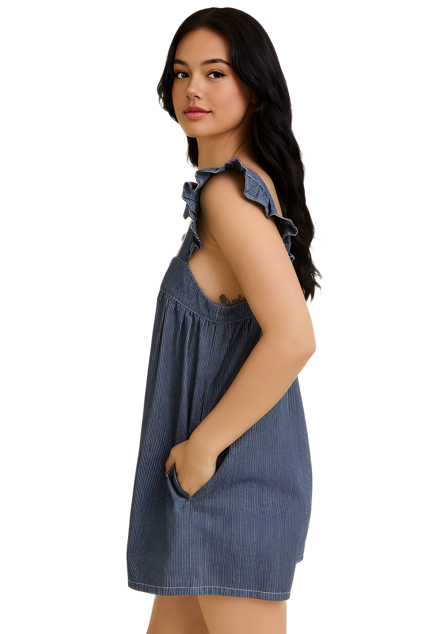 Ruffle Strap Denim Romper with Relaxed A-Line Silhouette
