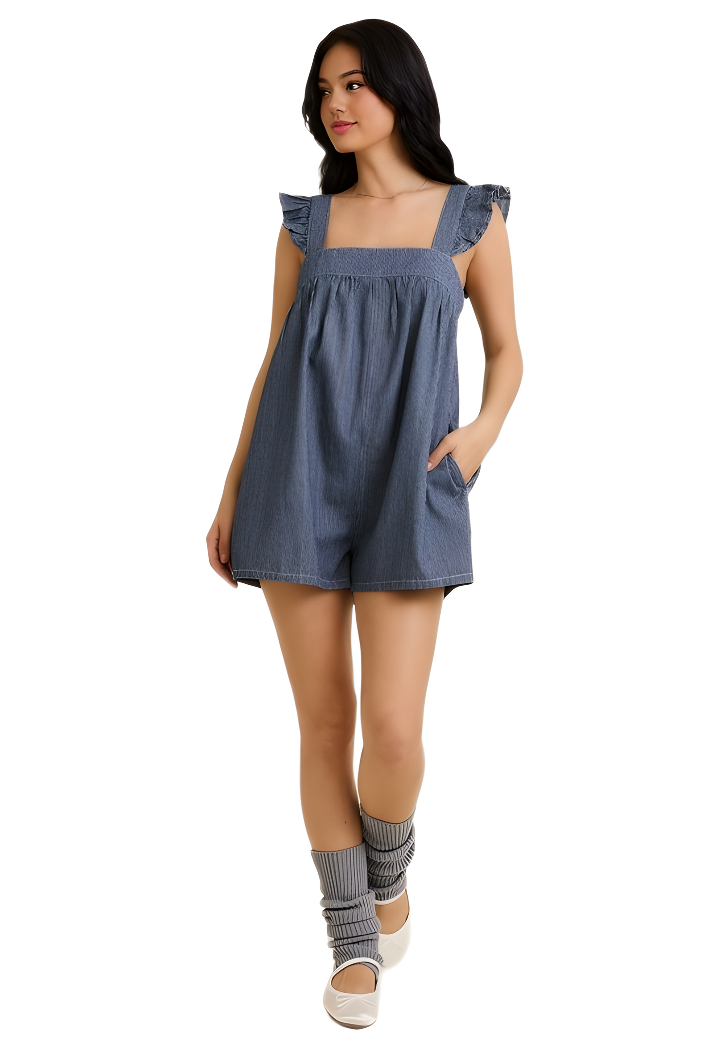 Ruffle Strap Denim Romper with Relaxed A-Line Silhouette