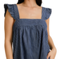 Ruffle Strap Denim Romper with Relaxed A-Line Silhouette