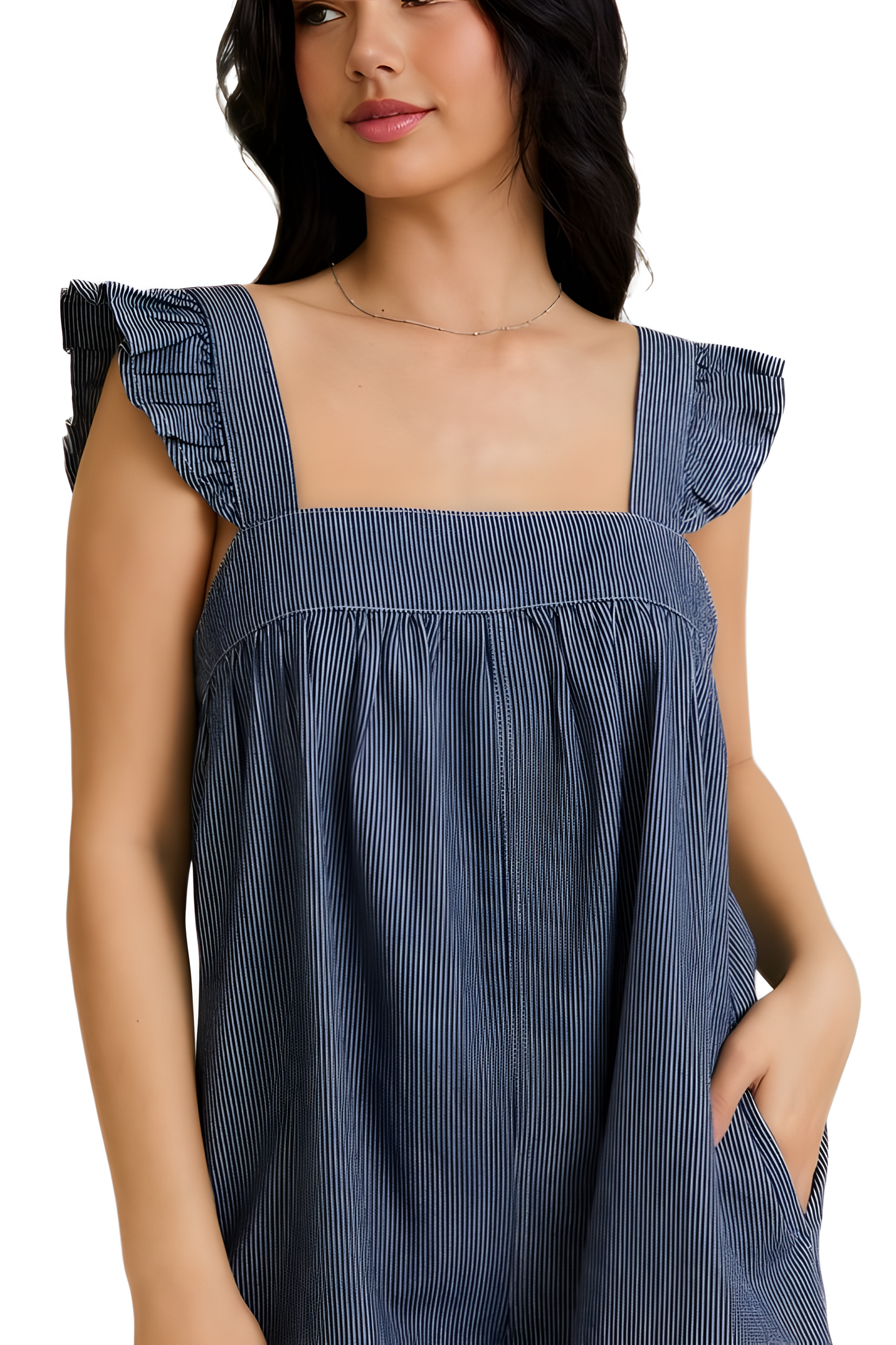 Ruffle Strap Denim Romper with Relaxed A-Line Silhouette