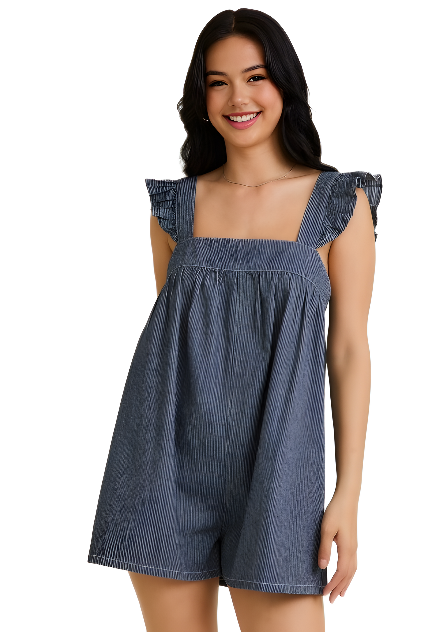 Ruffle Strap Denim Romper with Relaxed A-Line Silhouette