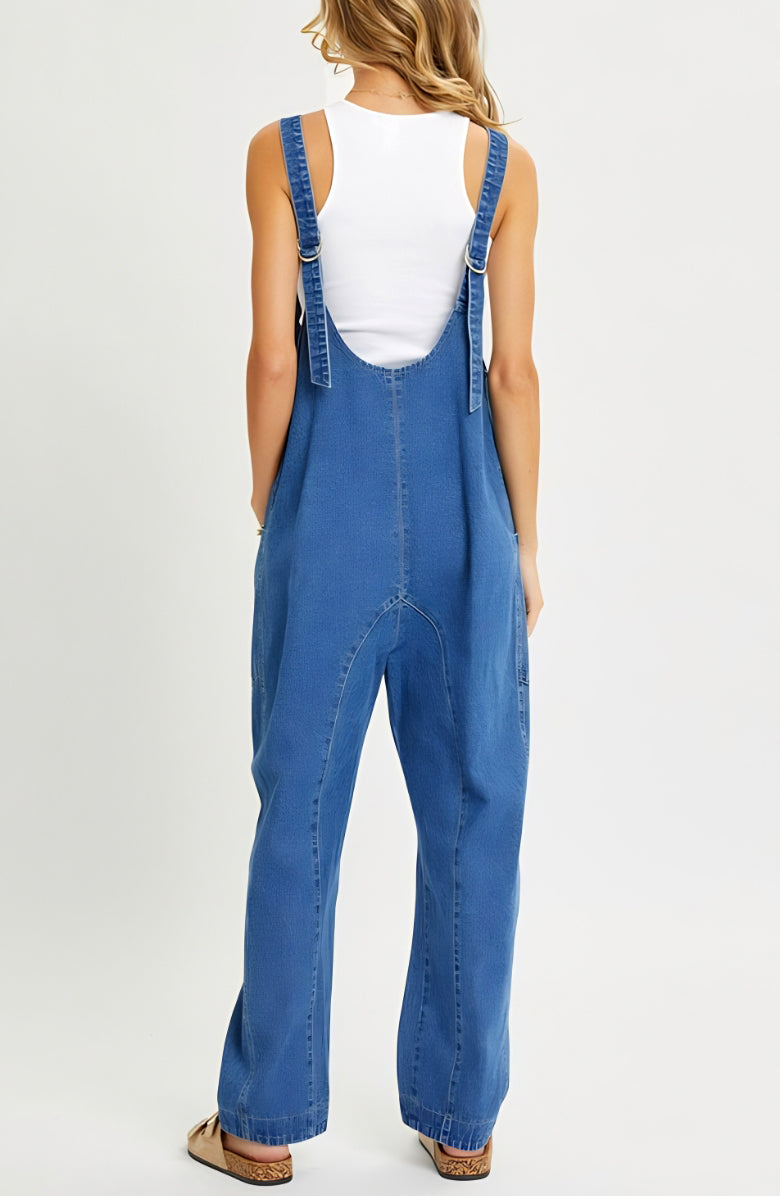 Relaxed Fit Sleeveless Denim Overalls with Front Patch Pockets and Wide Leg Silhouette