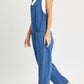 Relaxed Fit Sleeveless Denim Overalls with Front Patch Pockets and Wide Leg Silhouette
