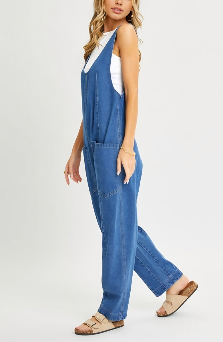 Relaxed Fit Sleeveless Denim Overalls with Front Patch Pockets and Wide Leg Silhouette
