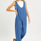 Relaxed Fit Sleeveless Denim Overalls with Front Patch Pockets and Wide Leg Silhouette