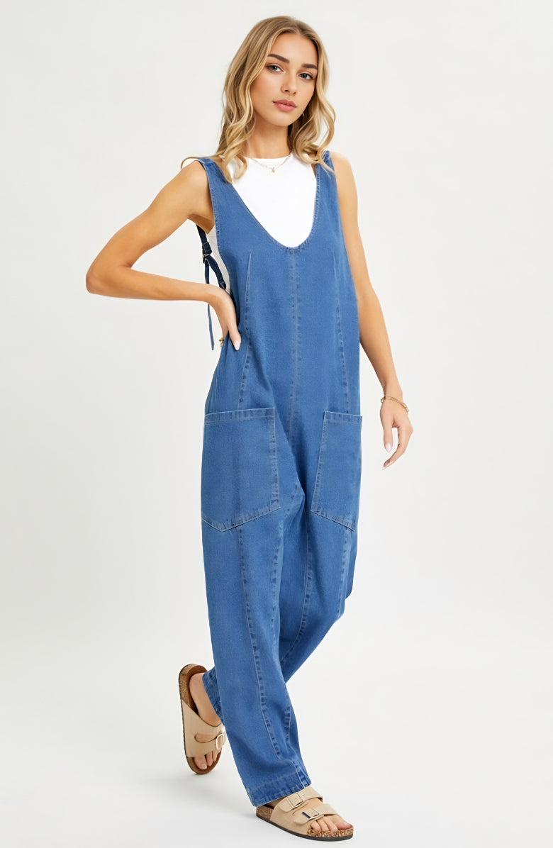 Relaxed Fit Sleeveless Denim Overalls with Front Patch Pockets and Wide Leg Silhouette