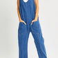 Relaxed Fit Sleeveless Denim Overalls with Front Patch Pockets and Wide Leg Silhouette