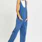Relaxed Fit Sleeveless Denim Overalls with Front Patch Pockets and Wide Leg Silhouette
