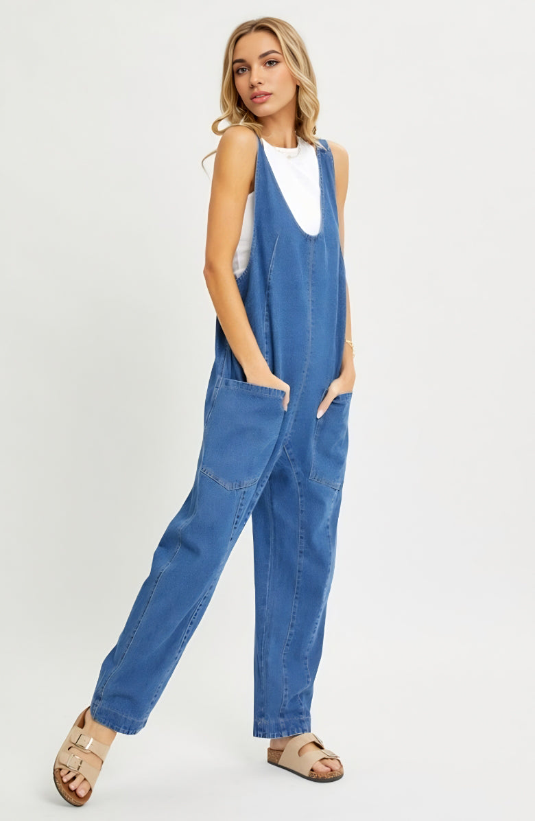 Relaxed Fit Sleeveless Denim Overalls with Front Patch Pockets and Wide Leg Silhouette