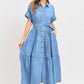 Short Sleeve Tiered Button Front Collared Midi Dress with Waist Tie and Soft Chambray Fabric