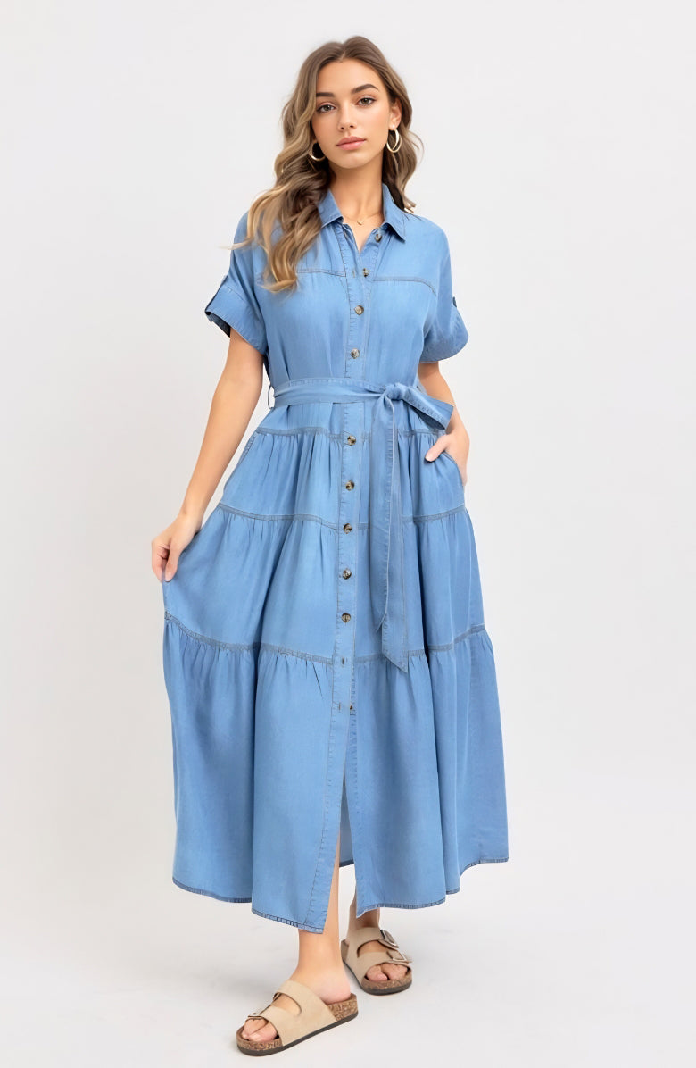 Short Sleeve Tiered Button Front Collared Midi Dress with Waist Tie and Soft Chambray Fabric