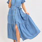 Short Sleeve Tiered Button Front Collared Midi Dress with Waist Tie and Soft Chambray Fabric