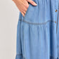 Short Sleeve Tiered Button Front Collared Midi Dress with Waist Tie and Soft Chambray Fabric