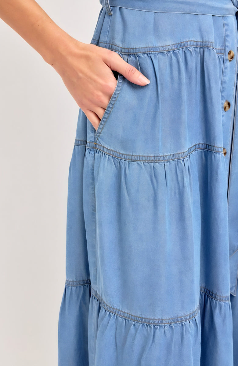 Short Sleeve Tiered Button Front Collared Midi Dress with Waist Tie and Soft Chambray Fabric