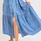 Short Sleeve Tiered Button Front Collared Midi Dress with Waist Tie and Soft Chambray Fabric