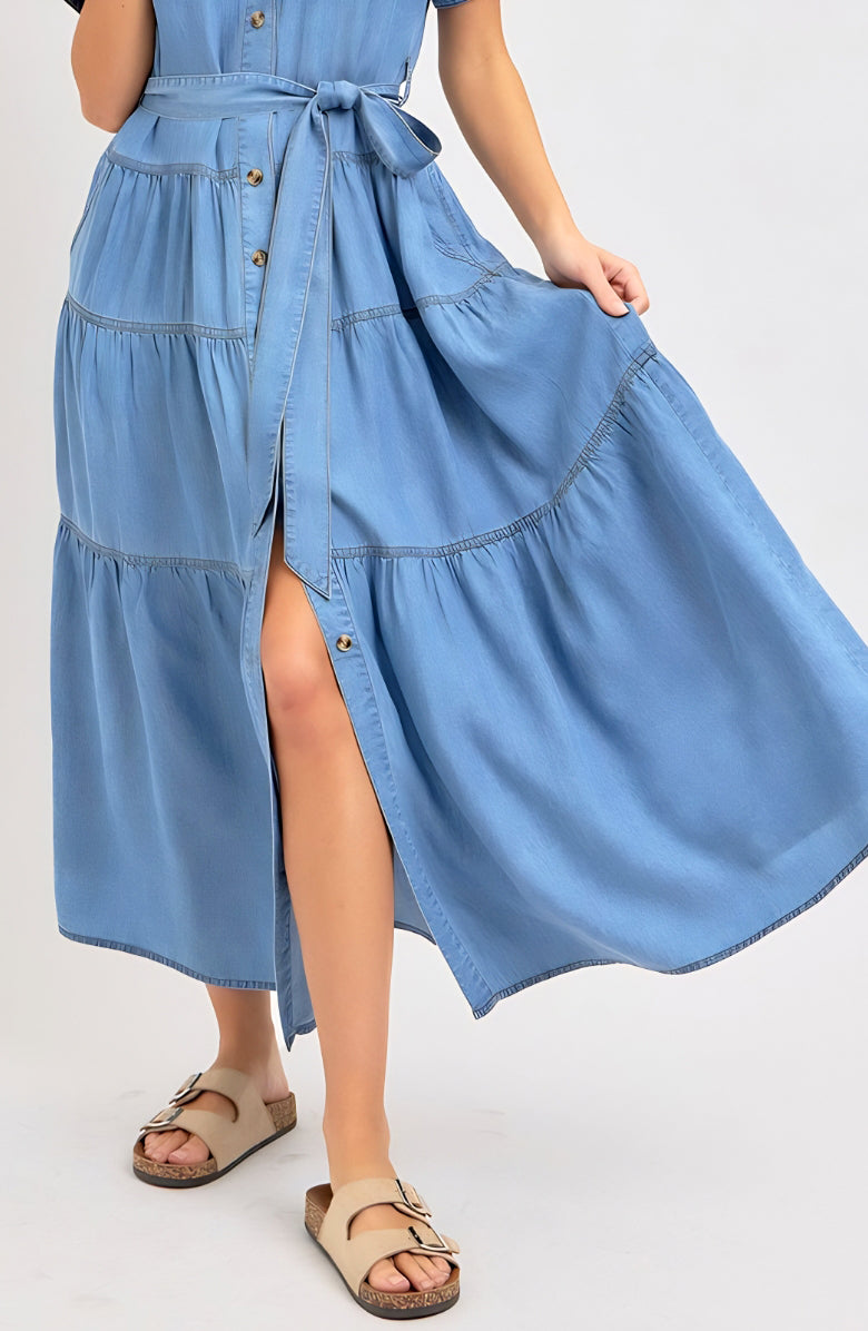 Short Sleeve Tiered Button Front Collared Midi Dress with Waist Tie and Soft Chambray Fabric