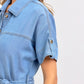 Short Sleeve Tiered Button Front Collared Midi Dress with Waist Tie and Soft Chambray Fabric