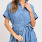 Short Sleeve Tiered Button Front Collared Midi Dress with Waist Tie and Soft Chambray Fabric