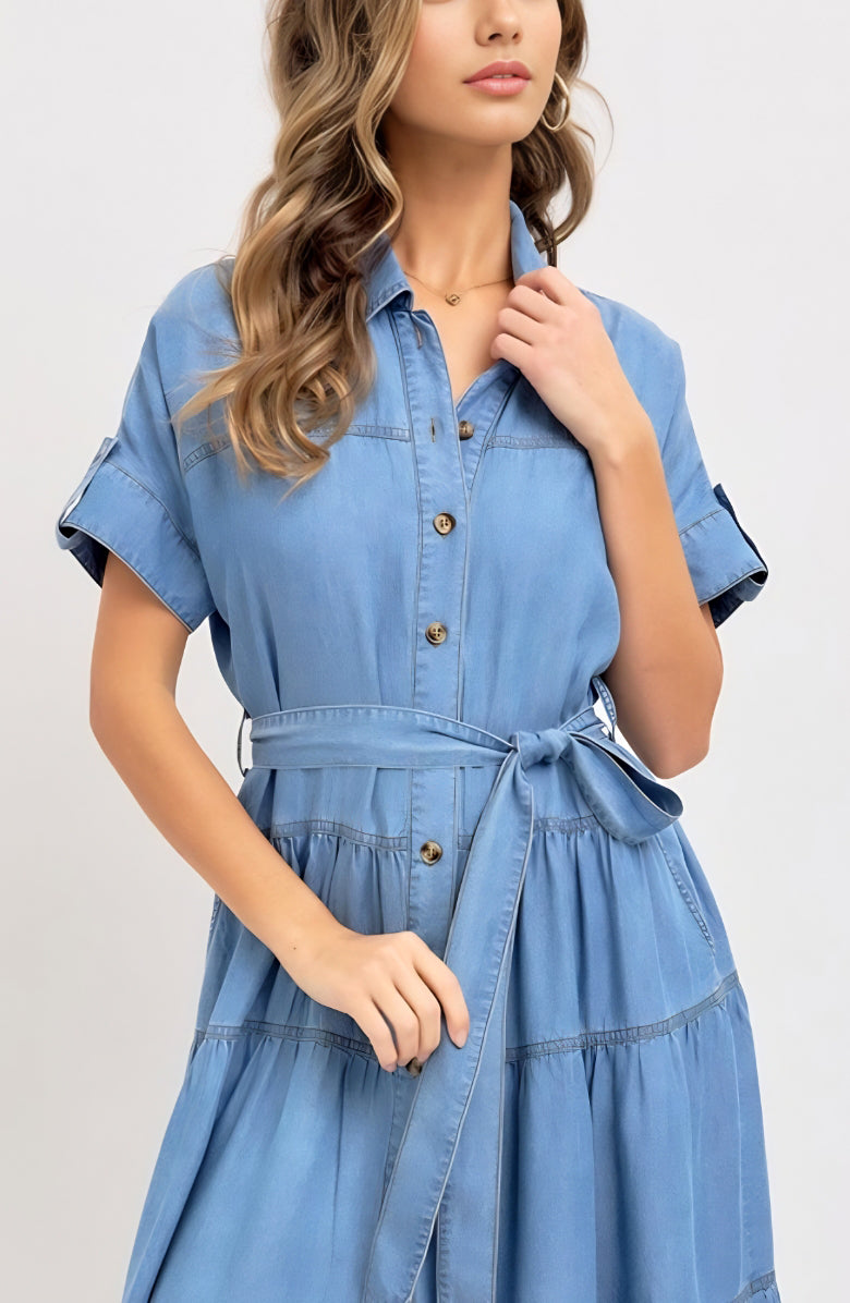 Short Sleeve Tiered Button Front Collared Midi Dress with Waist Tie and Soft Chambray Fabric