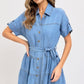 Short Sleeve Tiered Button Front Collared Midi Dress with Waist Tie and Soft Chambray Fabric