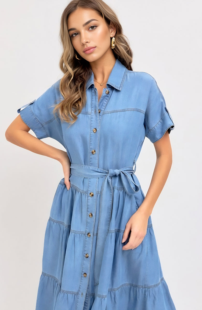 Short Sleeve Tiered Button Front Collared Midi Dress with Waist Tie and Soft Chambray Fabric