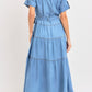 Short Sleeve Tiered Button Front Collared Midi Dress with Waist Tie and Soft Chambray Fabric