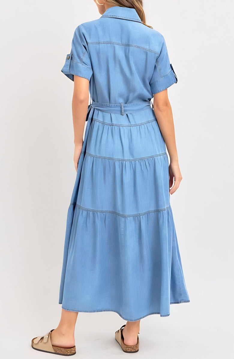 Short Sleeve Tiered Button Front Collared Midi Dress with Waist Tie and Soft Chambray Fabric