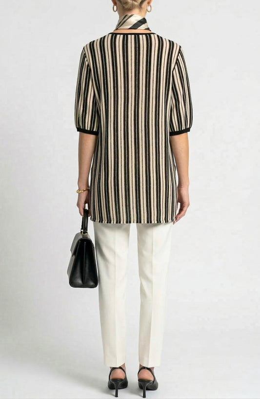 Elbow Sleeve Tunic Top with Split Neck and High Low Hem