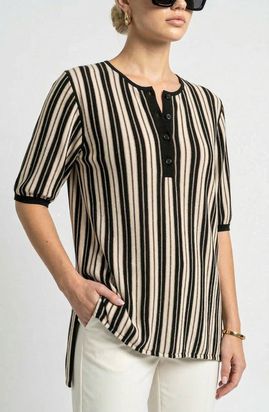 Elbow Sleeve Tunic Top with Split Neck and High Low Hem