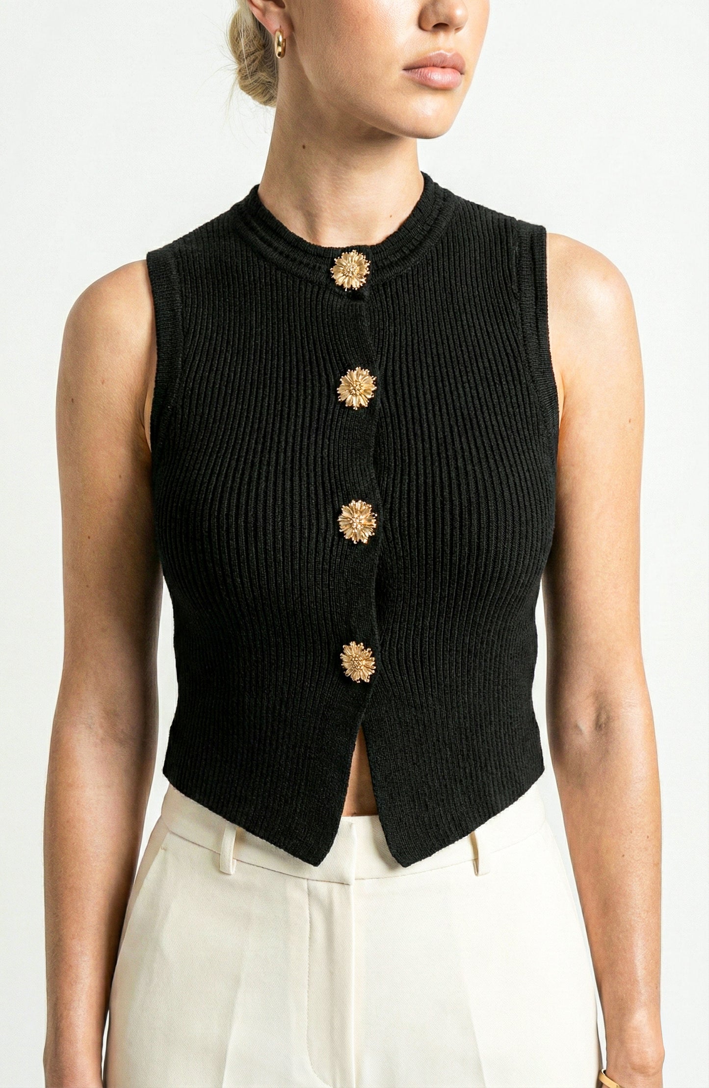 Sleeveless Ribbed Knit Vest with Button Front and Round Neck