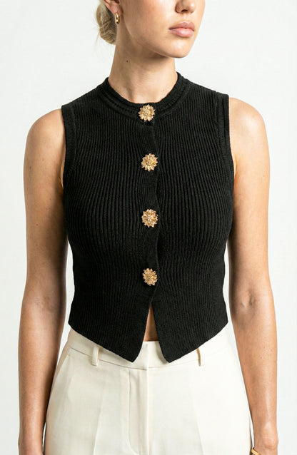 Sleeveless Ribbed Knit Vest with Button Front and Round Neck