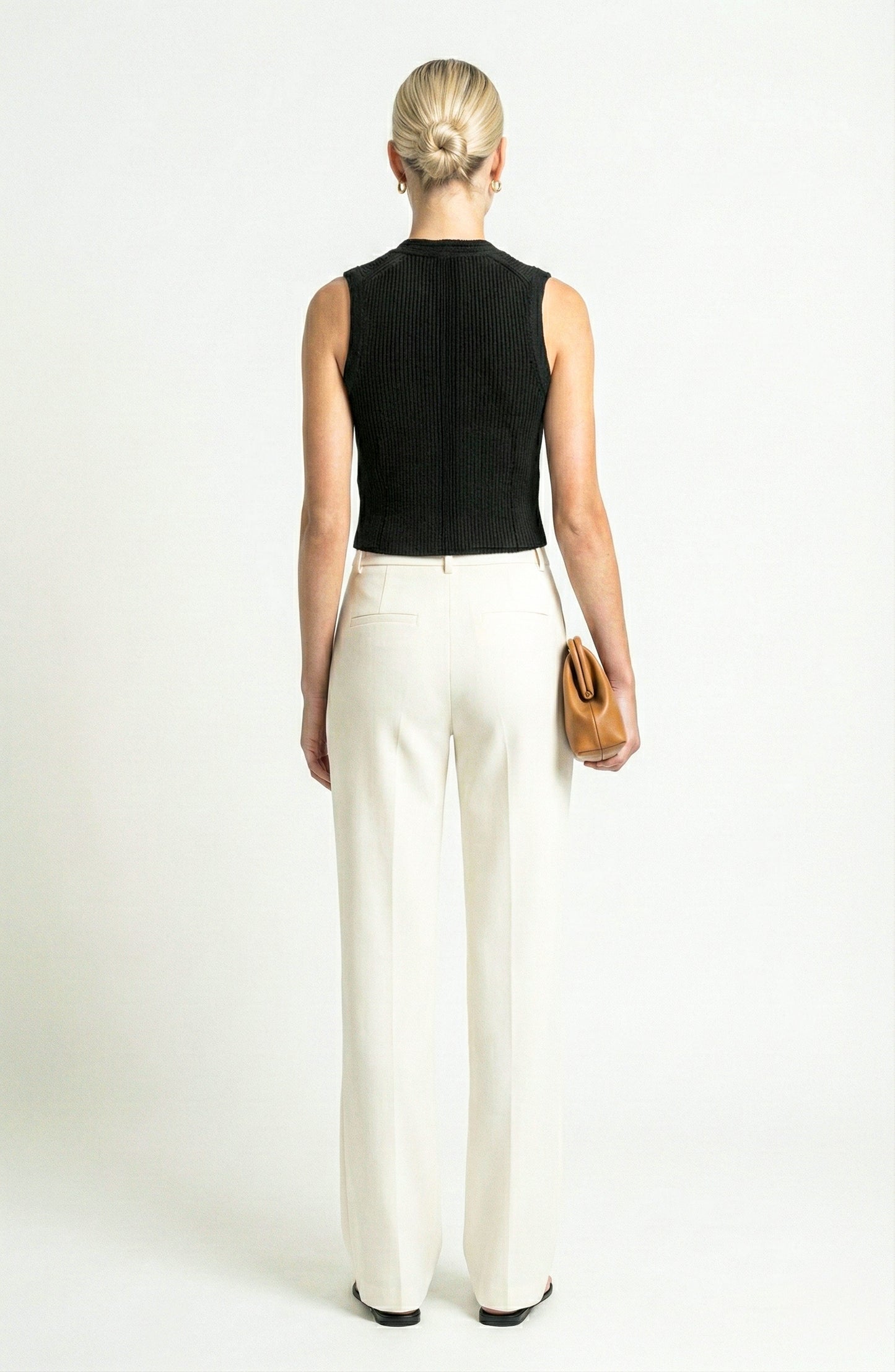 Sleeveless Ribbed Knit Vest with Button Front and Round Neck