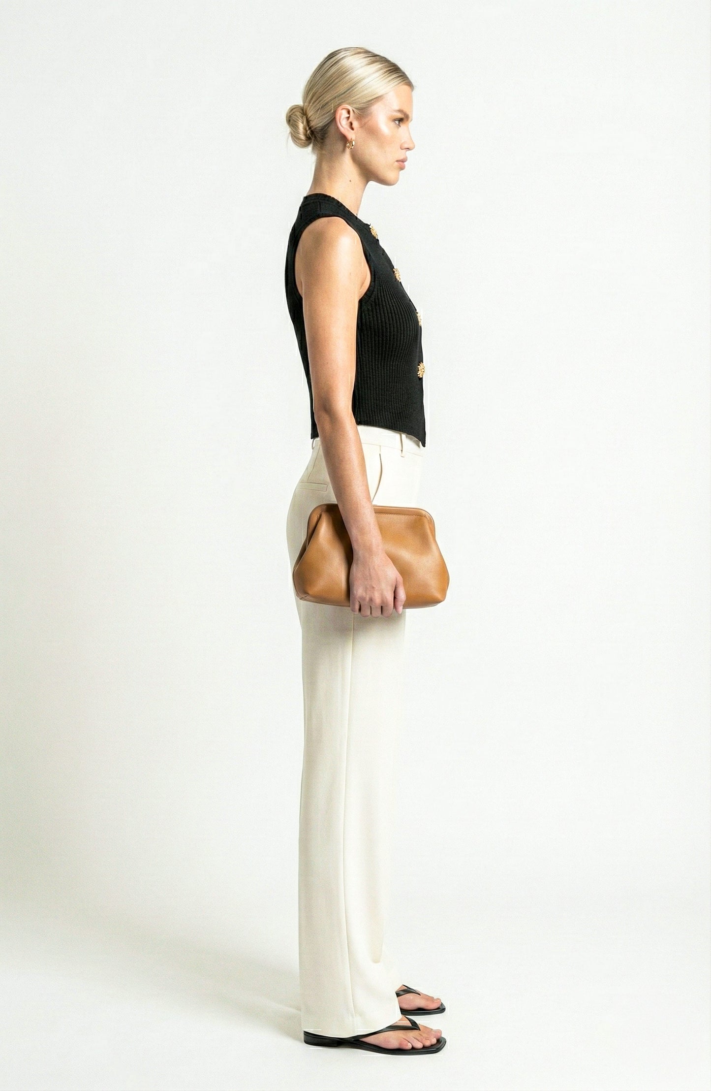 Sleeveless Ribbed Knit Vest with Button Front and Round Neck