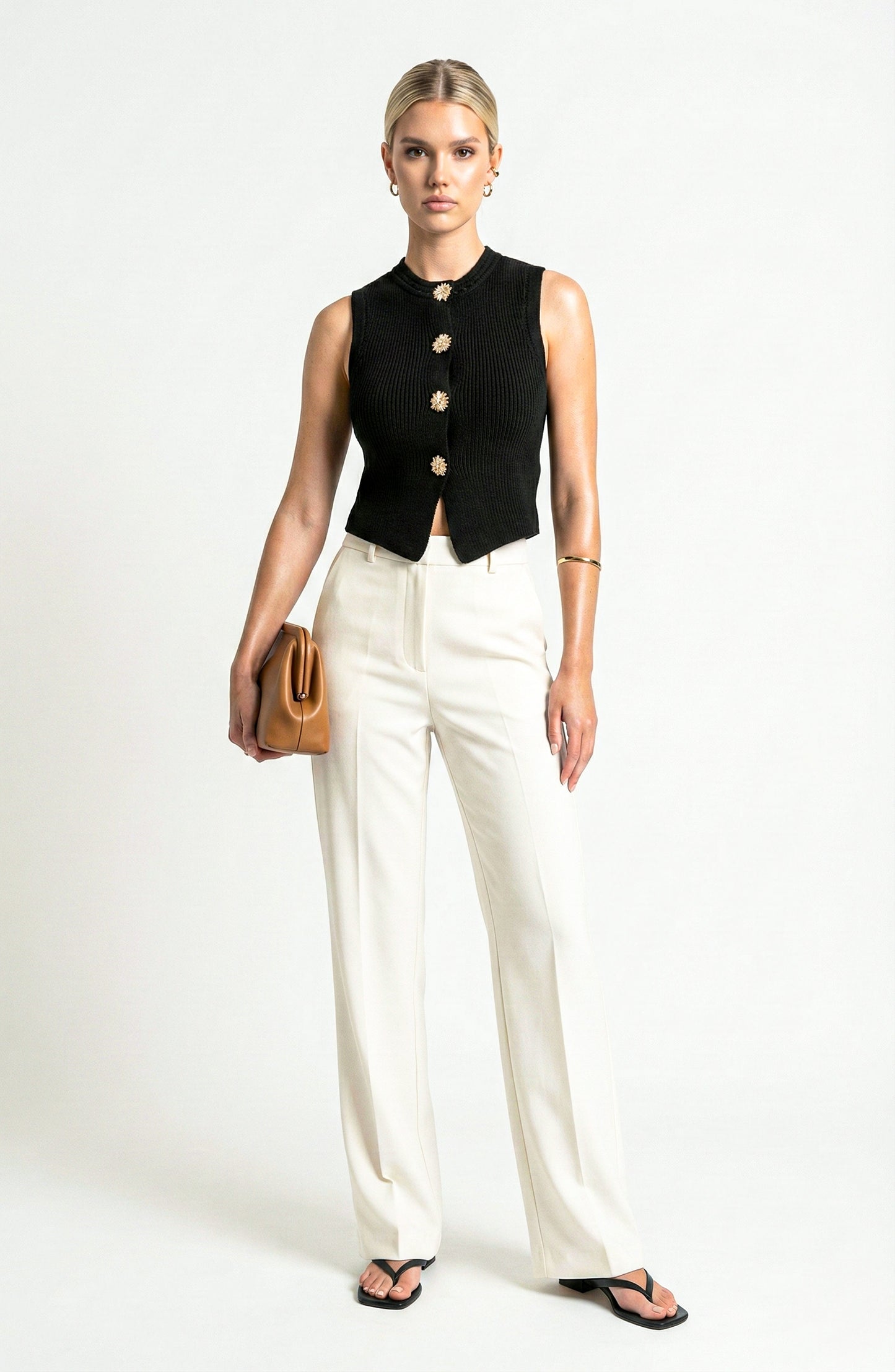 Sleeveless Ribbed Knit Vest with Button Front and Round Neck