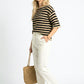 Short Sleeve Sweater Top with Crew Neck and Stripe Pattern