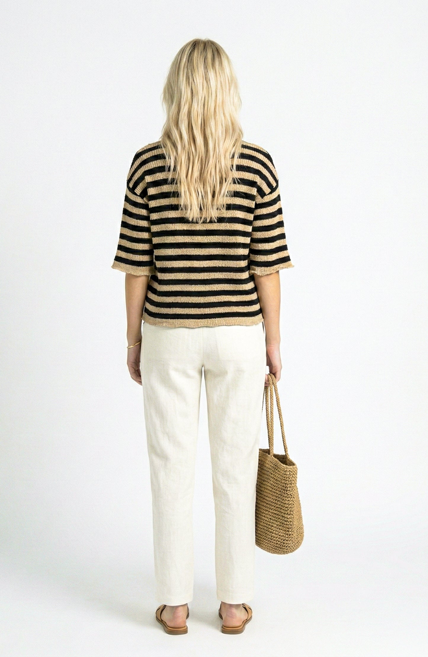 Short Sleeve Sweater Top with Crew Neck and Stripe Pattern