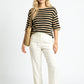 Short Sleeve Sweater Top with Crew Neck and Stripe Pattern