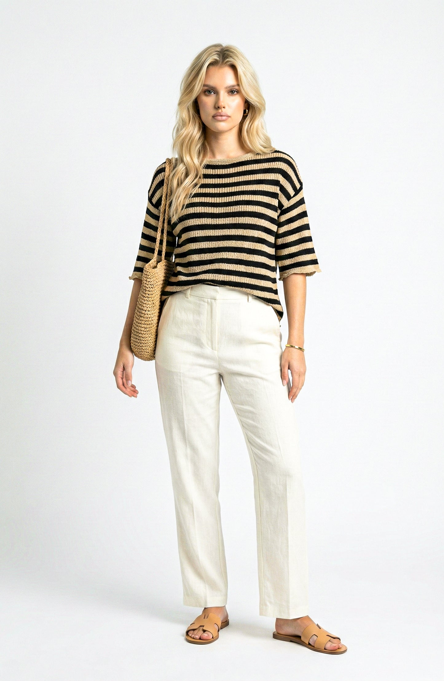 Short Sleeve Sweater Top with Crew Neck and Stripe Pattern