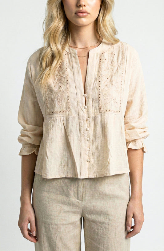 Long Sleeve Blouse with Split Neck and Embroidered Panels