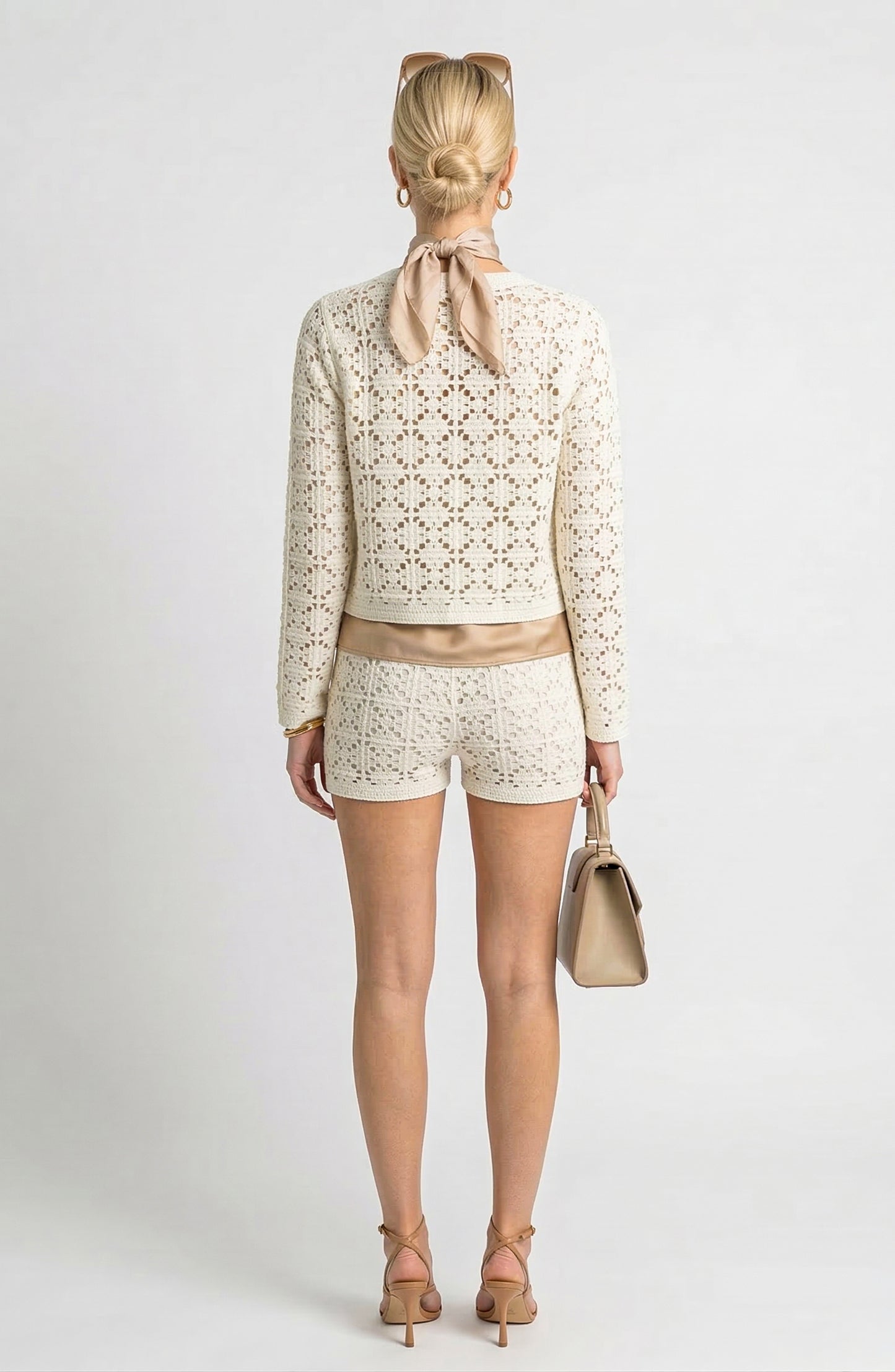 Two Piece Crochet Knit Set with Button Front Cardigan and Shorts
