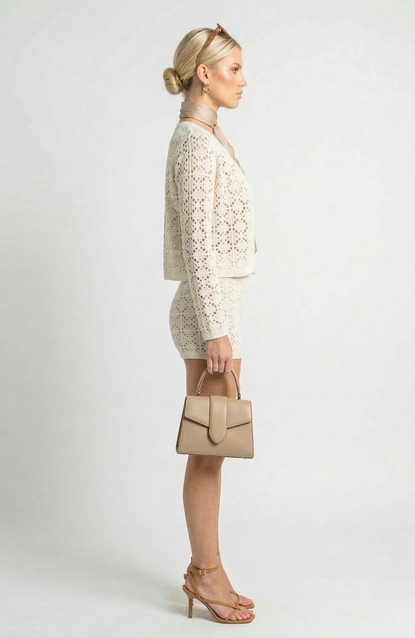 Two Piece Crochet Knit Set with Button Front Cardigan and Shorts