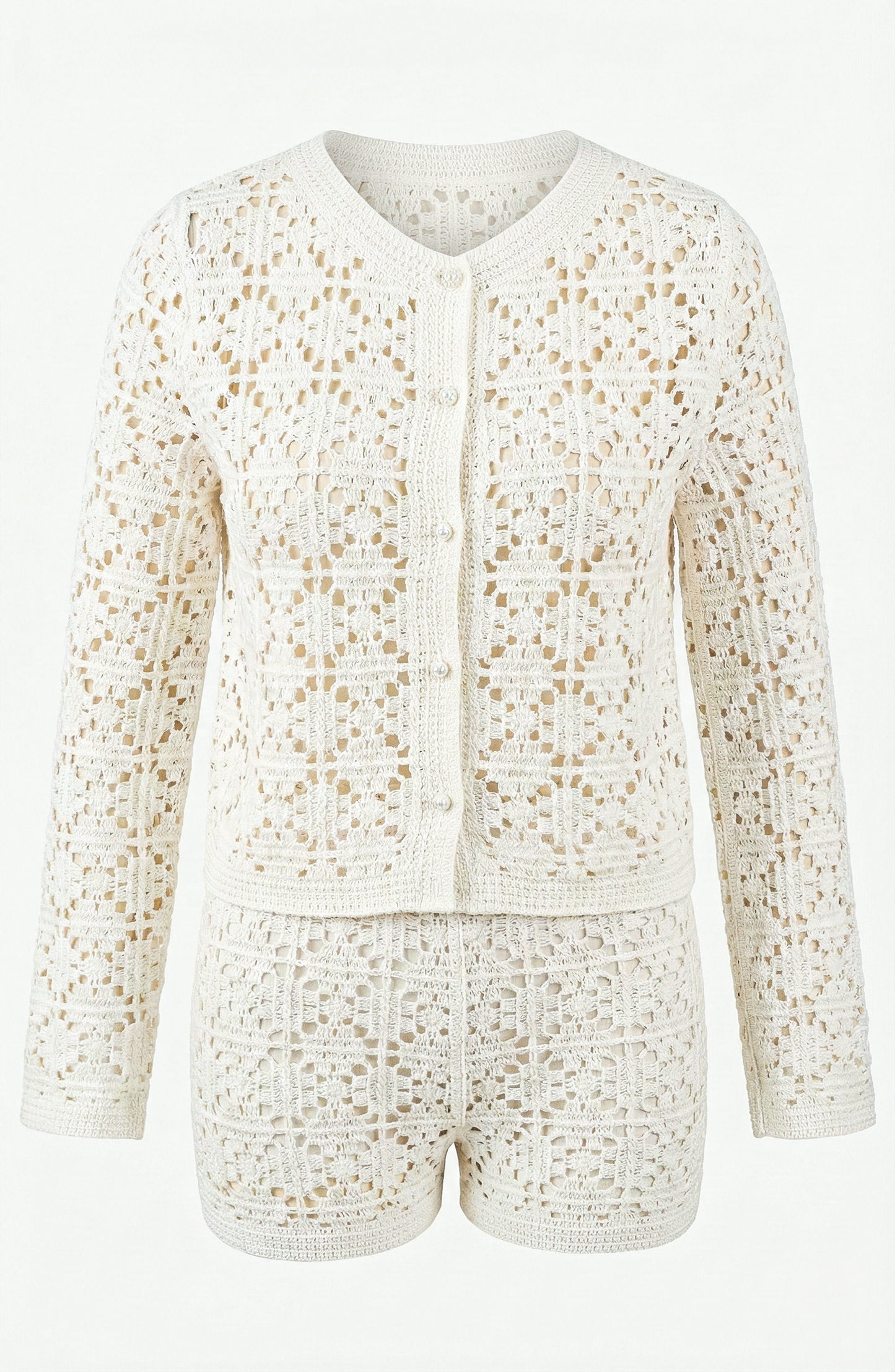 Two Piece Crochet Knit Set with Button Front Cardigan and Shorts