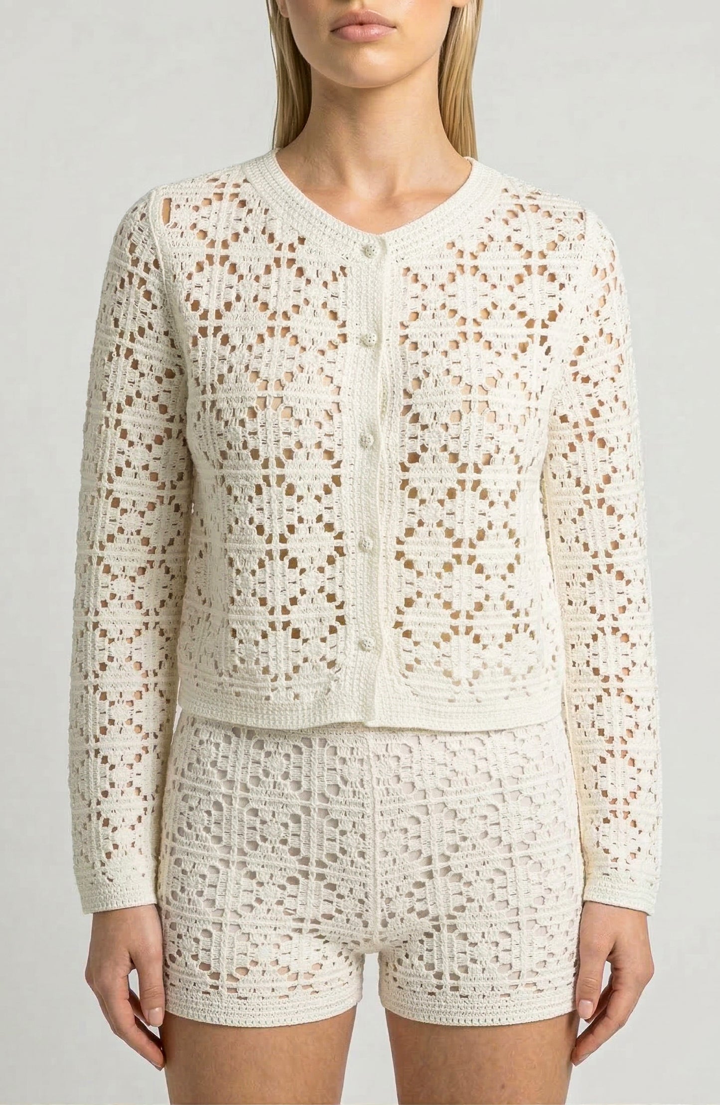 Two Piece Crochet Knit Set with Button Front Cardigan and Shorts