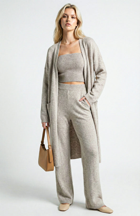 Three Piece Ribbed Knit Set with Long Cardigan, Cropped Top and Wide Leg Pants
